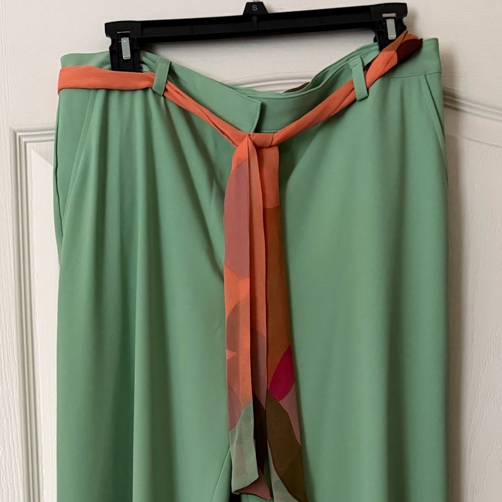 Green Wide-Leg Pants with Colorful Belt